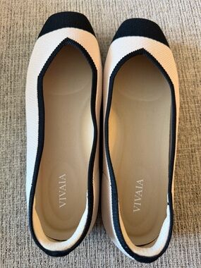 NEW Never Worn VIVAIA Women's Black & Cream Knit Ballet Flats with Contrast Toe